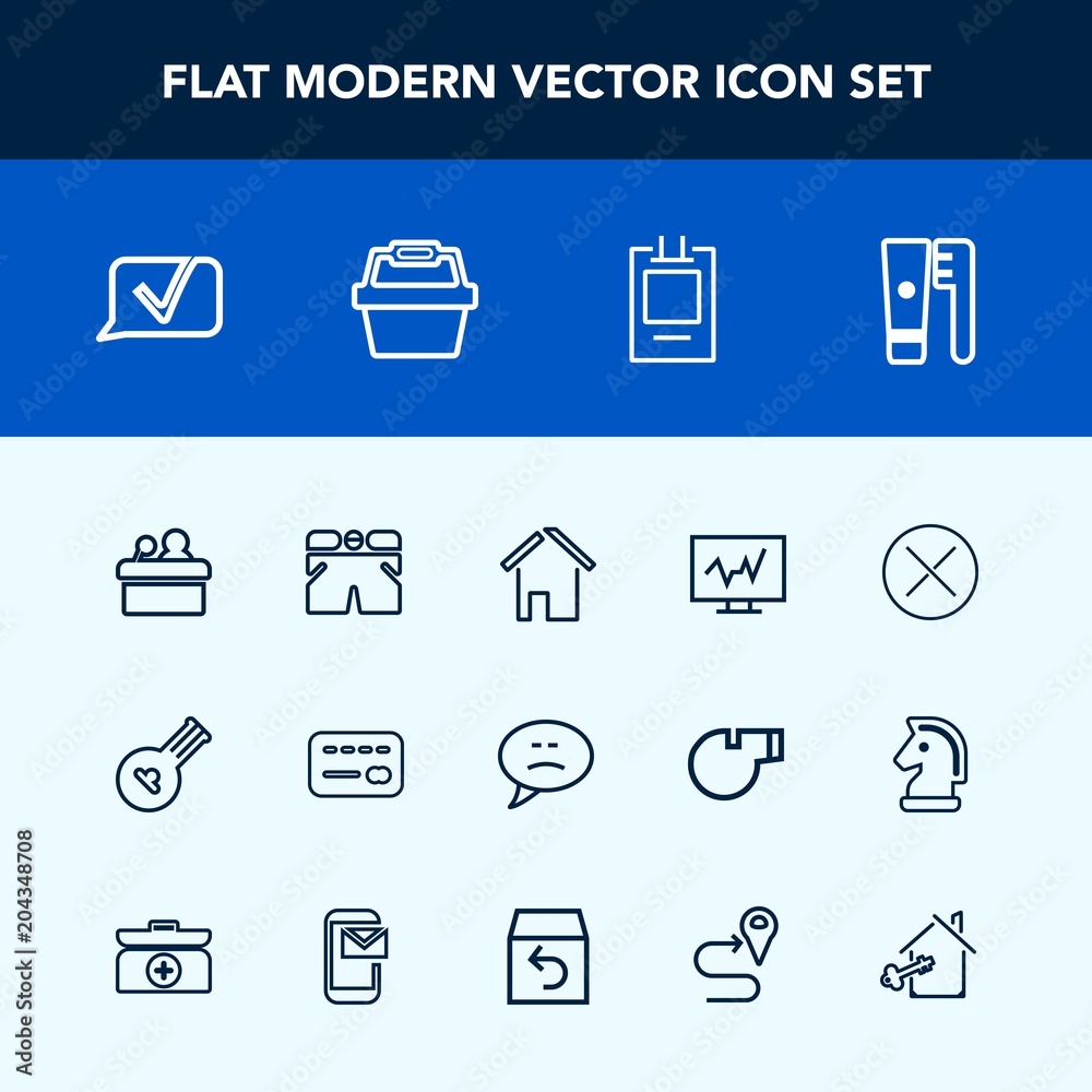 Modern, simple vector icon set with estate, bank, conference, building, money, string, template, hygiene, presentation, clean, doctor, fashion, public, communication, close, medical, musical icons