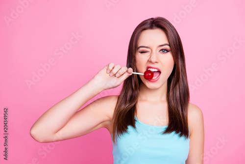 Fotografie Portrait of lovely sweet cute charming beautiful cheerful hungry adorable gorgeo