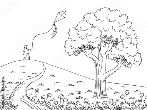 Boy play with kite graphic black white road tree landscape sketch illustration vector