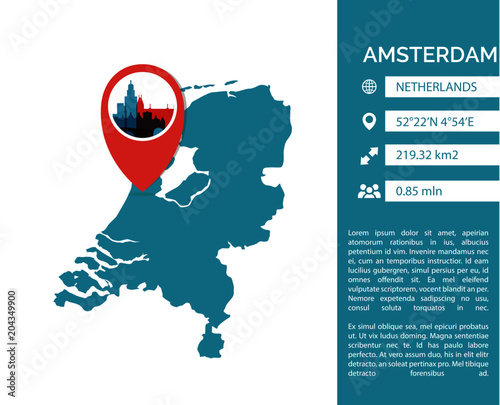 Amsterdam map shape vector infographics template. Modern Netherlands, North Holland city data statistic isolated illustration profile layout