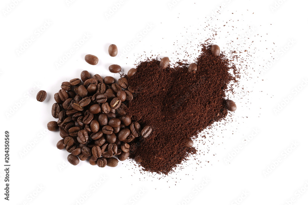 Pile of powdered, instant coffee and beans isolated on white background, top view