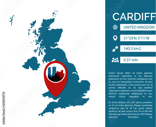 UK Cardiff pin point map shape vector infographics template. Modern United Kingdom Wales city data statistic isolated illustration profile