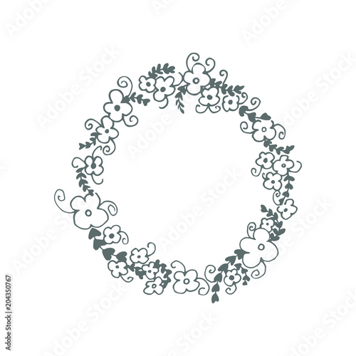 Hand-drawn wreath with flowers, leaves and curls.