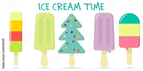 A set of five different sweet ice cream on a background with text. Flat style  vector illustration.