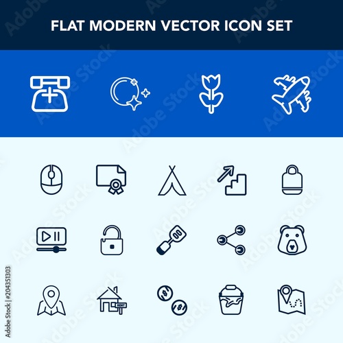 Modern, simple vector icon set with frame, communication, outdoor, travel, adventure, interface, call, award, security, mouse, computer, player, style, up, achievement, kitchen, utensil, device icons