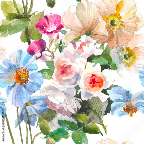 Obraz na płótnie Bezszwowy kwiecisty wzór z lato ogródu różami, żółtym maczkiem i błękitnym kwiatem na białym tle ,. Akwarela ilustracja. Ręcznie rysowane miękki wzór. Koncepcja kwiat.