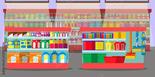 Shop, Supermarket interior with different sections. Big shopping mall. Shelves with products.
