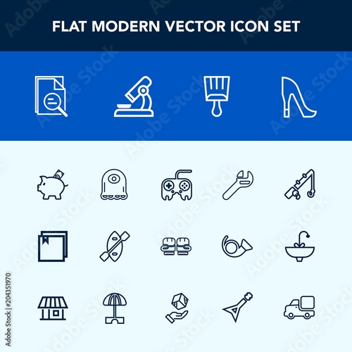 Modern, simple vector icon set with female, sport, finance, repair, oar, coin, fight, wrench, technology, science, tool, monster, equipment, zoom, canoe, button, high, fishing, paintbrush, file icons