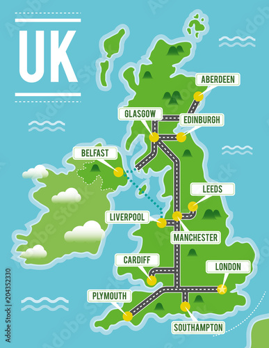 Cartoon vector map of United Kingdom. Travel illustration with british main cities.