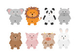 Set of cute animals illustration, isolated, elephant, lion, panda, hippo, bear, pig, cow, rabbit