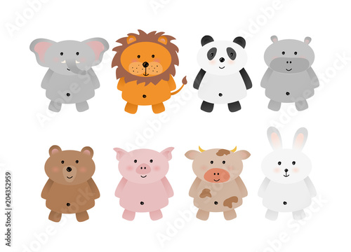 Fototapeta Naklejka Na Ścianę i Meble -  Set of cute animals illustration, isolated, elephant, lion, panda, hippo, bear, pig, cow, rabbit