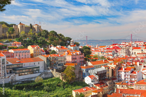 The Castle of Sao Jorge, the historical centre of Lisbon, Tagus River and 25 de Abril Bridge on the sunny afternoon, Lisbon, Portugal