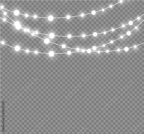 Christmas lights isolated realistic design elements. Glowing lights for Xmas Holiday greeting card design. Garlands, Christmas decorations.