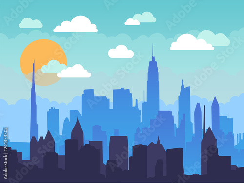 Flat cityscape in the morning with blue sky, white clouds and sun. Urban city skyline illustration. Modern flat panoramic vector background