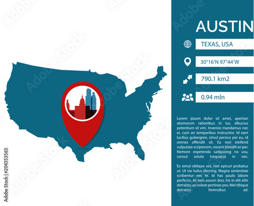 USA Austin pin point map shape vector infographics template. Modern United States of America Texas city data statistic isolated illustration, profile layout