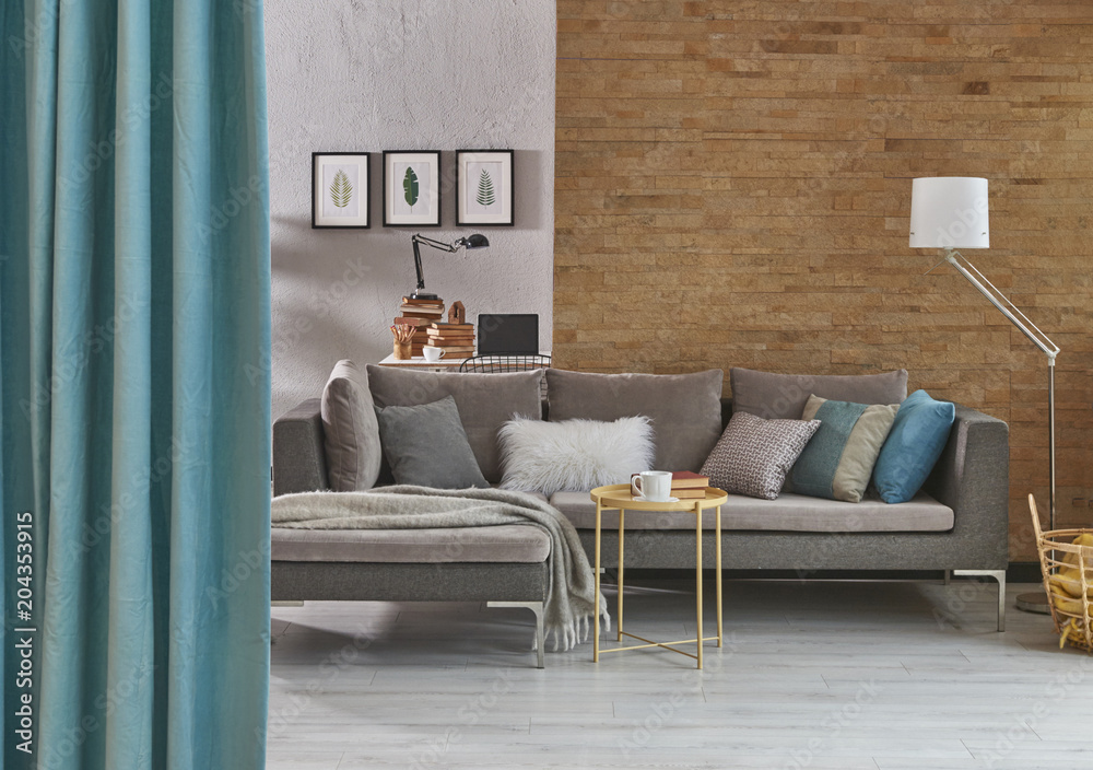 Fototapeta premium yellow and grey wall interior decoration modern curtain style.