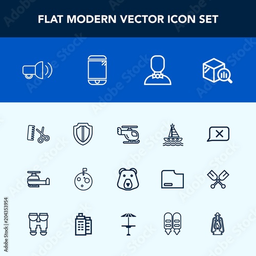Modern, simple vector icon set with technology, yacht, moon, touchscreen, air, aviation, chat, grizzly, trend, professional, statistic, wild, hairdresser, protection, nature, male, security, sea icons