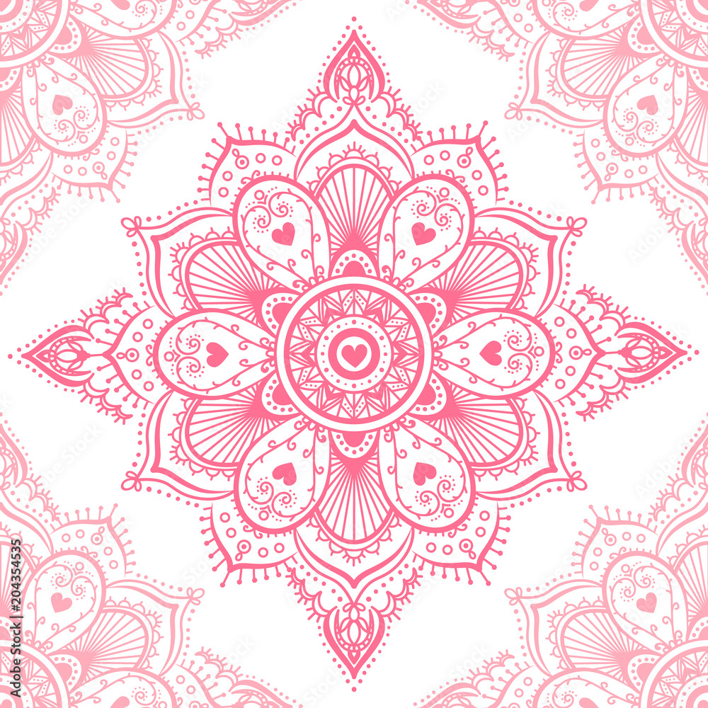 Fototapeta premium Round red mandala on white isolated background. Vector hipster seamless mandala in red color. Mandala with floral patterns. Yoga template