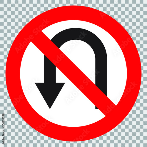 Circular single white. Red and black no u-turn symbol. Do not u turn sign on white background. Traffic sign.