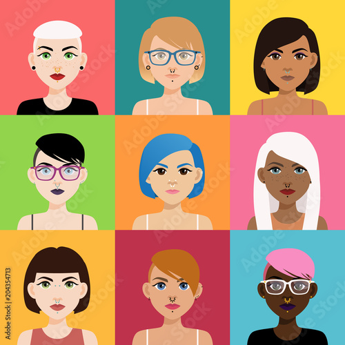 Set of multicultural girl portraits with piercing on colored backgrounds. Diverse women with different type of nose, lips, ear piercing, haircuts and hair color.