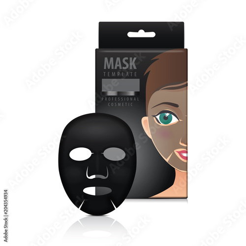 Facial sheet mask with paper box. Vector mock up template. Beauty product package on white background