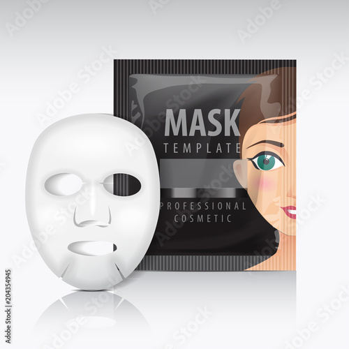 Facial sheet mask with sachet. Black vector mock up template. Beauty product package for your design