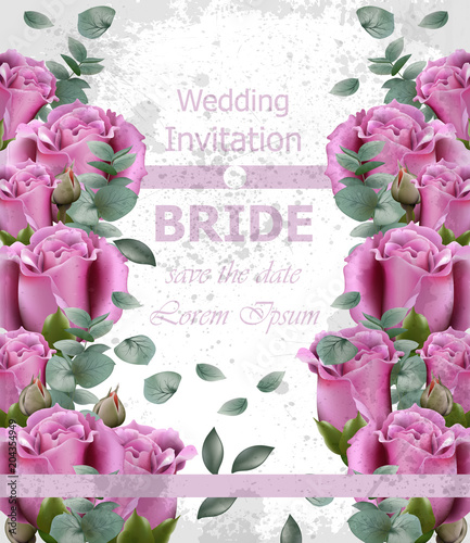 Wedding invitation with roses Vector. Beautiful vertical card floral 3d backg...