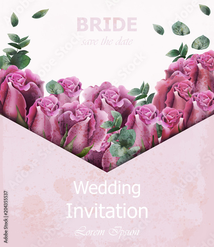 Wedding invitation with roses Vector. Beautiful card floral 3d backgrounds
