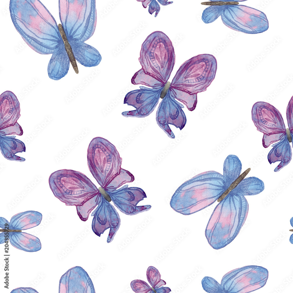 Watercolor illustration. Seamless pattern from stylized purple butterflies on a white background Watercolor illustration. Seamless pattern from stylized purple butterflies on a white background