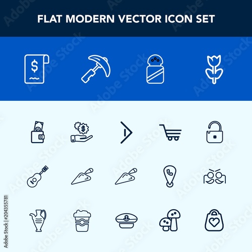 Modern, simple vector icon set with equipment, object, ingredient, crane, salt, dollar, retail, nature, security, style, shovel, business, shop, fashion, music, button, food, investment, blossom icons