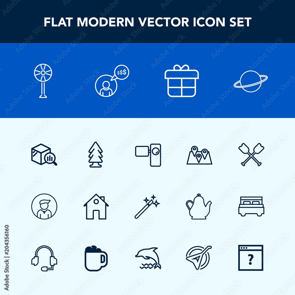 Modern, simple vector icon set with canoe, house, boy, movie, ventilator,  statistic, magician, report, fan, magic, water, male, space, boat, finance,  location, retro, pin, man, air, oar, video icons Stock Vector