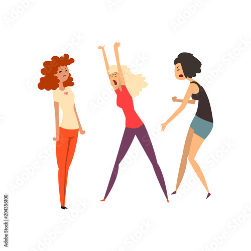 Aggressive girls quarreling and swearing, girls arguing with each other vector Illustration on a white background