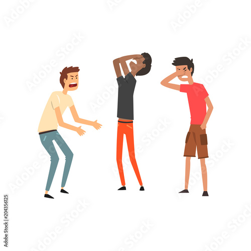 Three men quarreling and swearing, aggressive and violent behavior vector Illustration on a white background