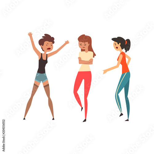 Aggressive girls yelling at each other, violent behavior among teenagers vector Illustration on a white background