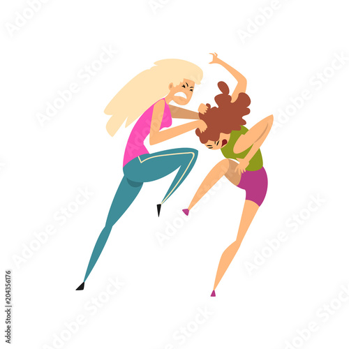 Two girls fighting and quarrelling, aggressive and violent behavior vector Illustration on a white background