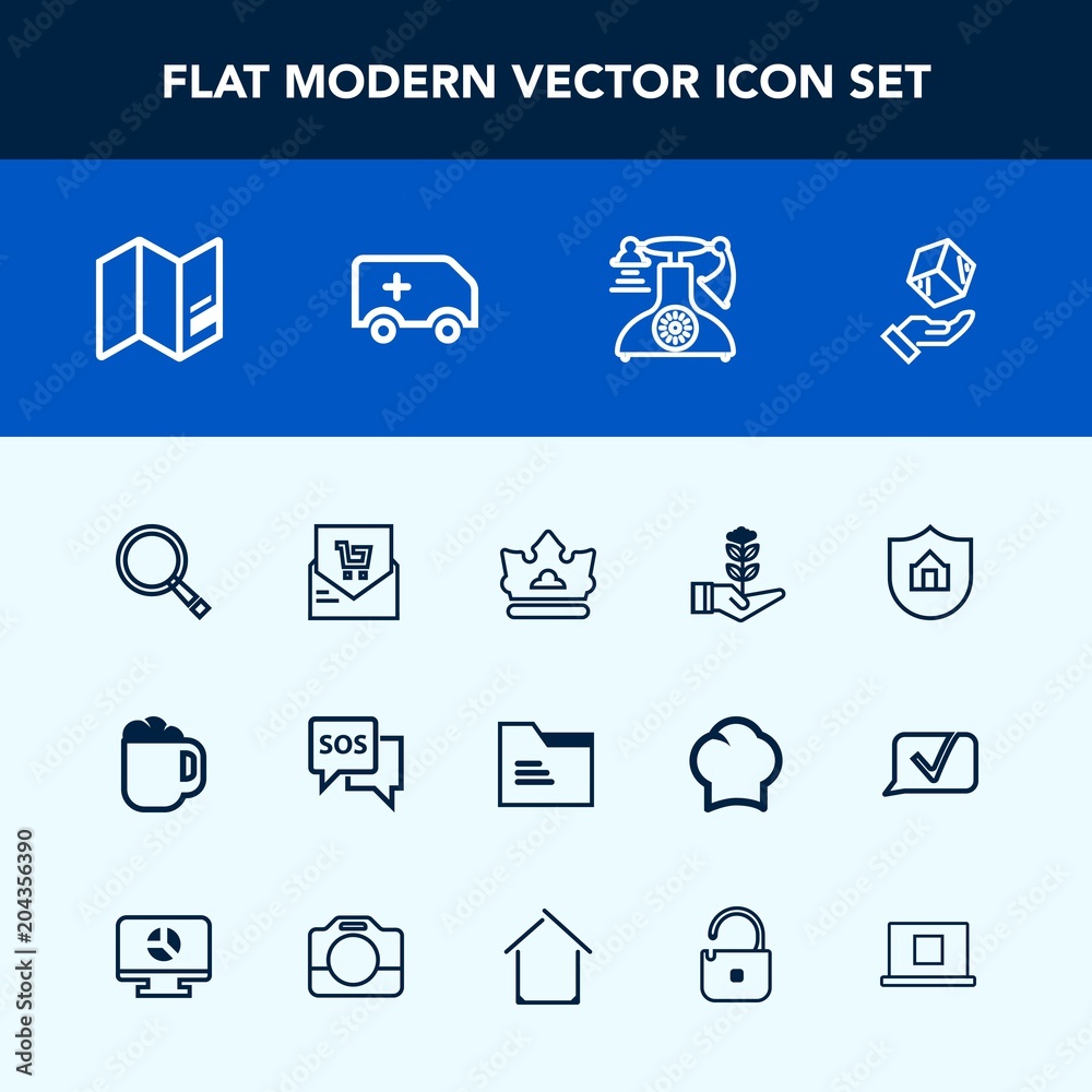Modern, simple vector icon set with protect, paper, delivery, home, coffee, house, blank, retail, search, world, list, queen, bill, sos, phone, seedling, crown, drink, sign, safety, life, folder icons