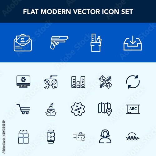 Modern, simple vector icon set with trolley, download, envelope, sunrise, sound, shop, weapon, work, label, audio, firearm, office, web, equipment, gun, pistol, handgun, cart, arrow, sign, post icons