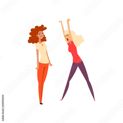 Two angry girls arguing with each other, girls quarreling and swearing vector Illustration on a white background