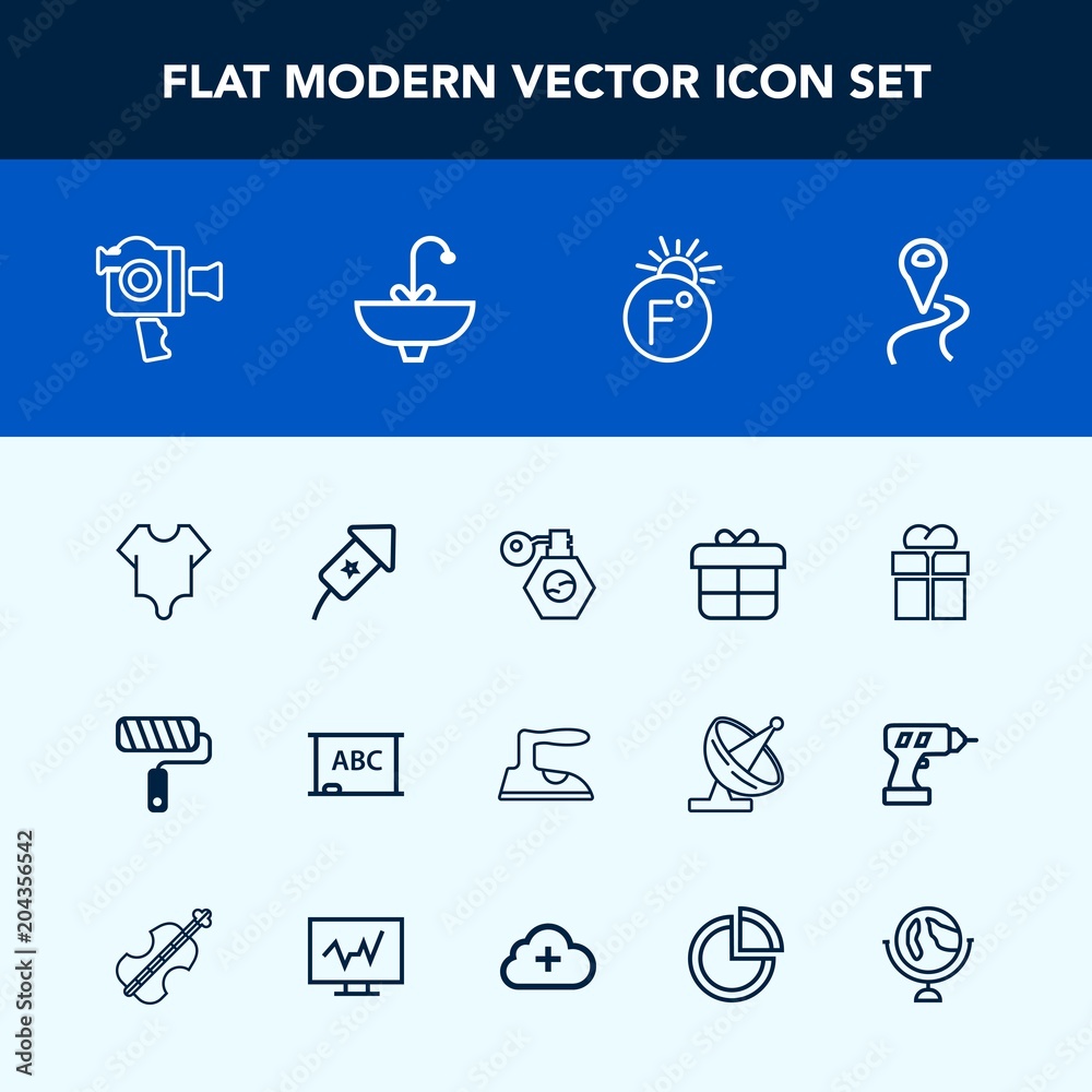 Modern, simple vector icon set with route, gift, road, beauty, housework, ironing, giftbox, fashion, film, paint, domestic, black, tool, background, equipment, fahrenheit, blackboard, clothes icons
