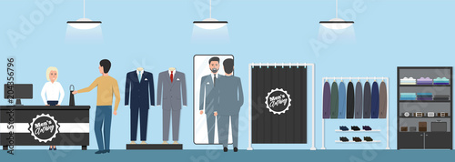 Men clothing shop banner with shopping people