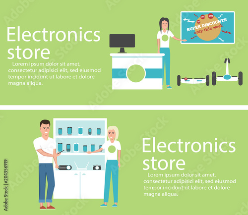 Electronics store banners with shopping people