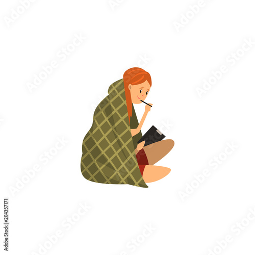 Girl sitting on the floor wrapped in a blanket and drawing on paper attached to a clipboard vector Illustration on a white background