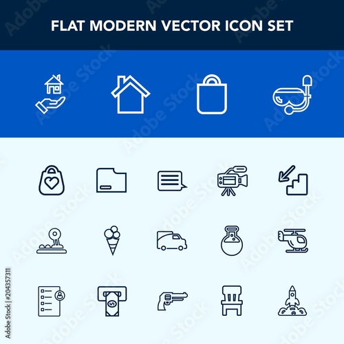 Modern, simple vector icon set with people, bag, mask, property, camera, tripod, paper, lens, dessert, white, video, microphone, down, arrow, transport, traffic, fashion, house, downstairs, home icons