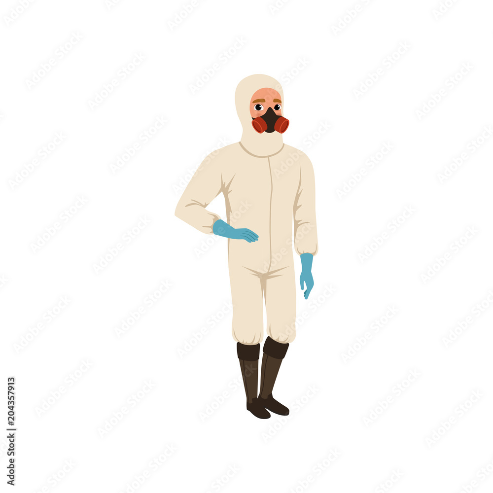 Cartoon man in protective chemical suit, gloves, boots and gas mask/respirator. Illustration for career day. Flat vector design Cartoon man in protective chemical suit, gloves, boots and gas mask/respirator. Illustration for career day. Flat vector design