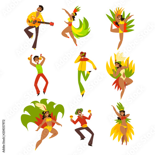 People dancing and playing music, Brazil carnival, dancing men and women in bright costumes vector Illustrations on a white background