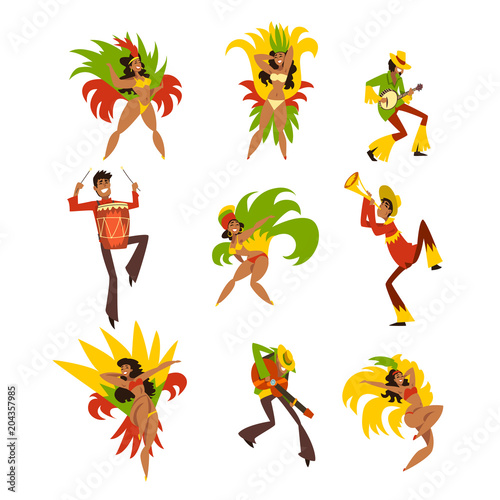 Happy people dancing and playing music, Brazil carnival, men and women in bright costumes vector Illustrations on a white background