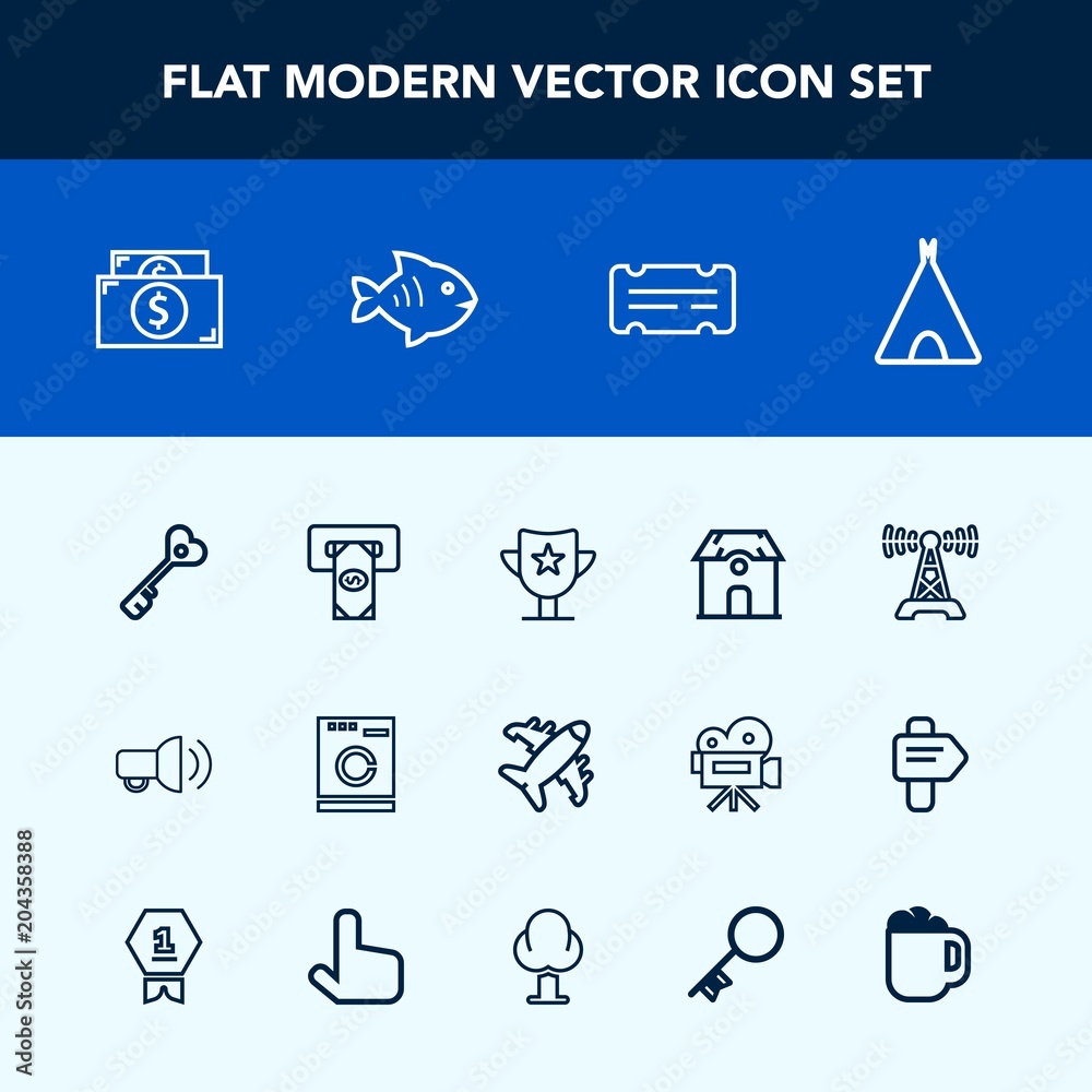 Fototapeta premium Modern, simple vector icon set with travel, camp, finance, fish, station, building, cash, laundry, estate, music, tent, ticket, flight, airplane, atm, award, architecture, adventure, win, door icons
