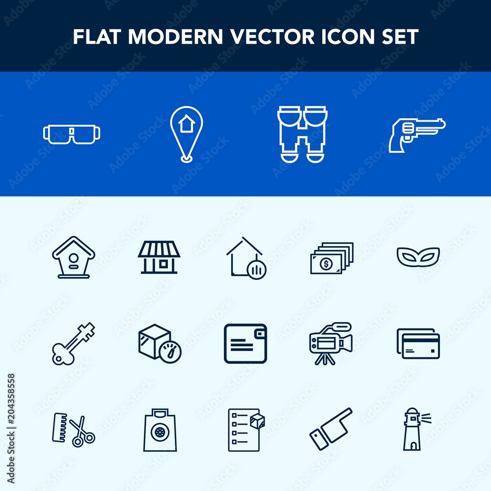 Modern, simple vector icon set with glasses, weight, mask, old, door, wallet, property, equipment, estate, business, real, cash, key, gun, handgun, box, finance, currency, location, map, weapon icons Modern, simple vector icon set with glasses, weight, mask, old, door, wallet, property, equipment, estate, business, real, cash, key, gun, handgun, box, finance, currency, location, map, weapon icons