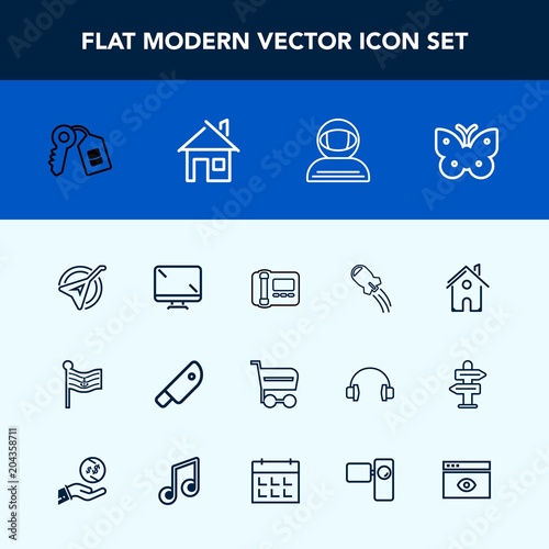 Modern, simple vector icon set with office, home, cart, flag, security, instrument, string, cosmonaut, digital, butterfly, folk, sign, technology, buy, business, market, knife, estate, shop, cut icons