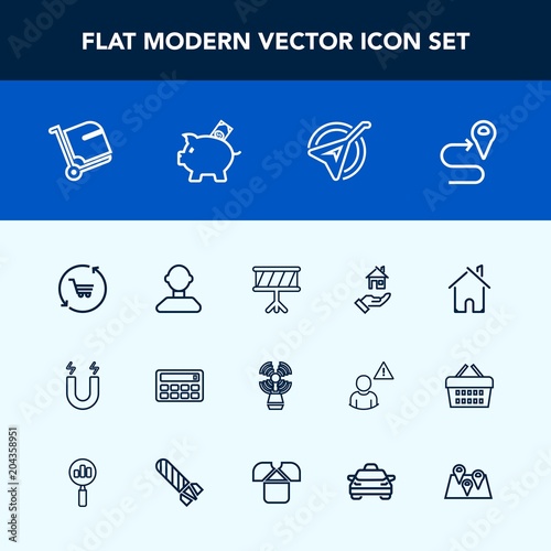 Modern, simple vector icon set with bank, lighthouse, luggage, music, bag, pole, folk, calculator, musical, profile, finance, home, science, architecture, field, beacon, baggage, property, cart icons